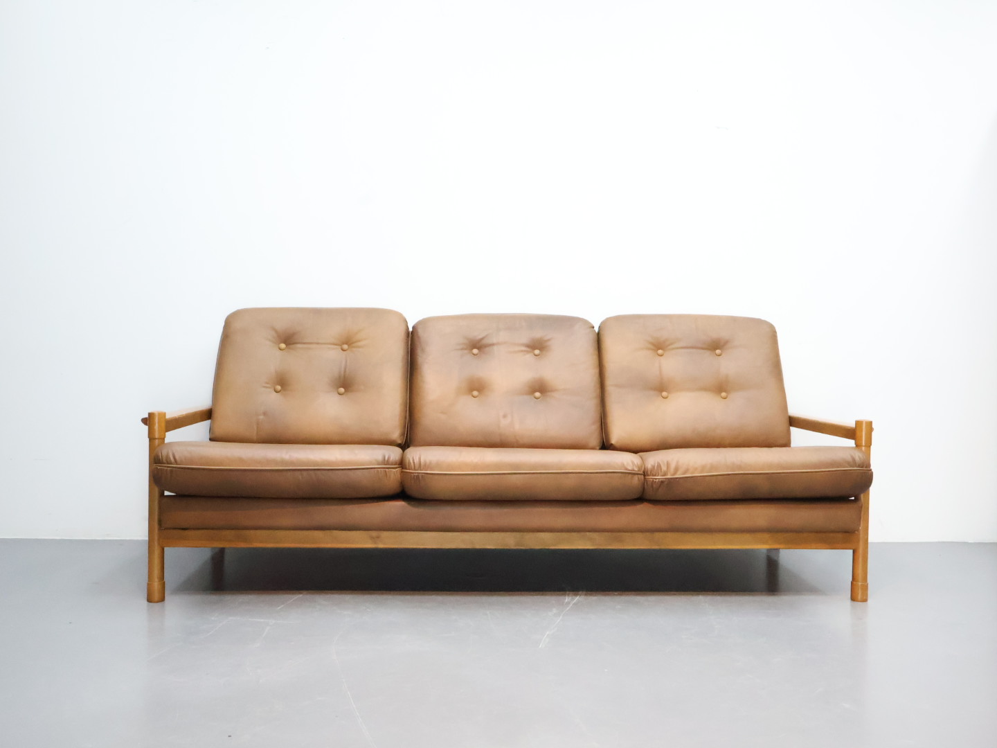Vintage 3-zits bank / hout leer / bruin